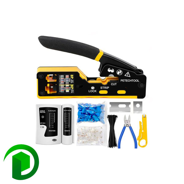 Petechtool Kit herramienta de crimpado + conectores RJ45 Pass Through + capuchas + testeadorr